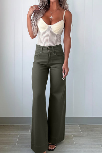 High Waist Stretch Jeans – Double Button Denim Pants