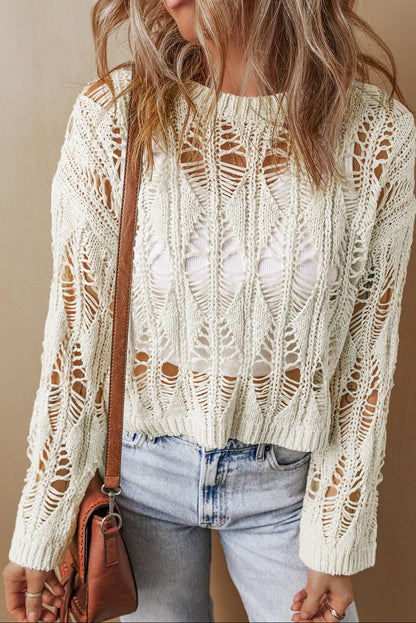 White Ripped Crochet Knit Sweater