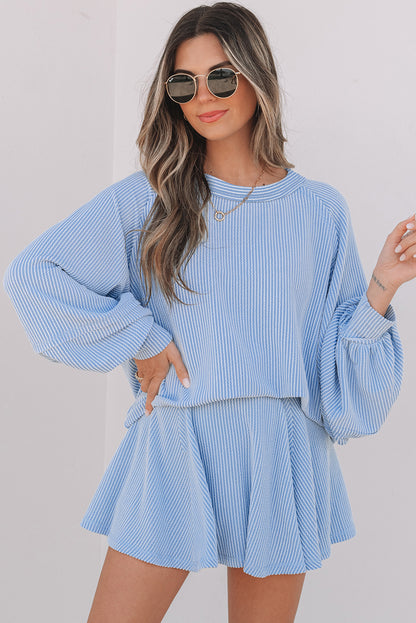 Sky Blue Corded Lantern Sleeve Top & Ruffled Mini Skirt Set