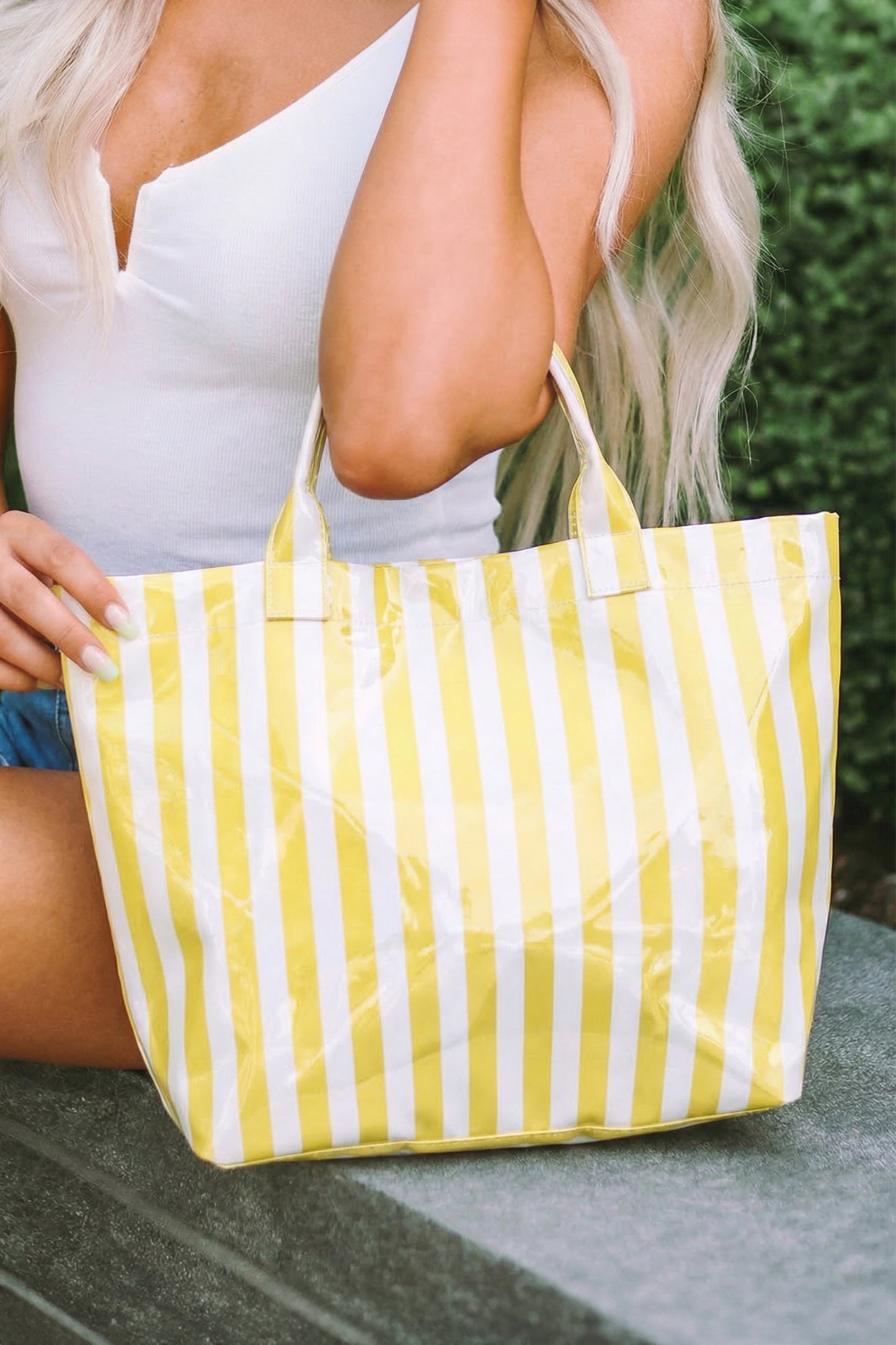 Yellow Cream Striped Waterproof Tote – Oversized Coastal Carryall Bag