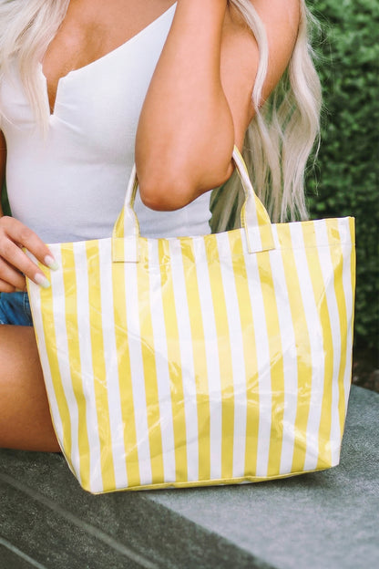 Yellow Cream Striped Waterproof Tote – Oversized Coastal Carryall Bag