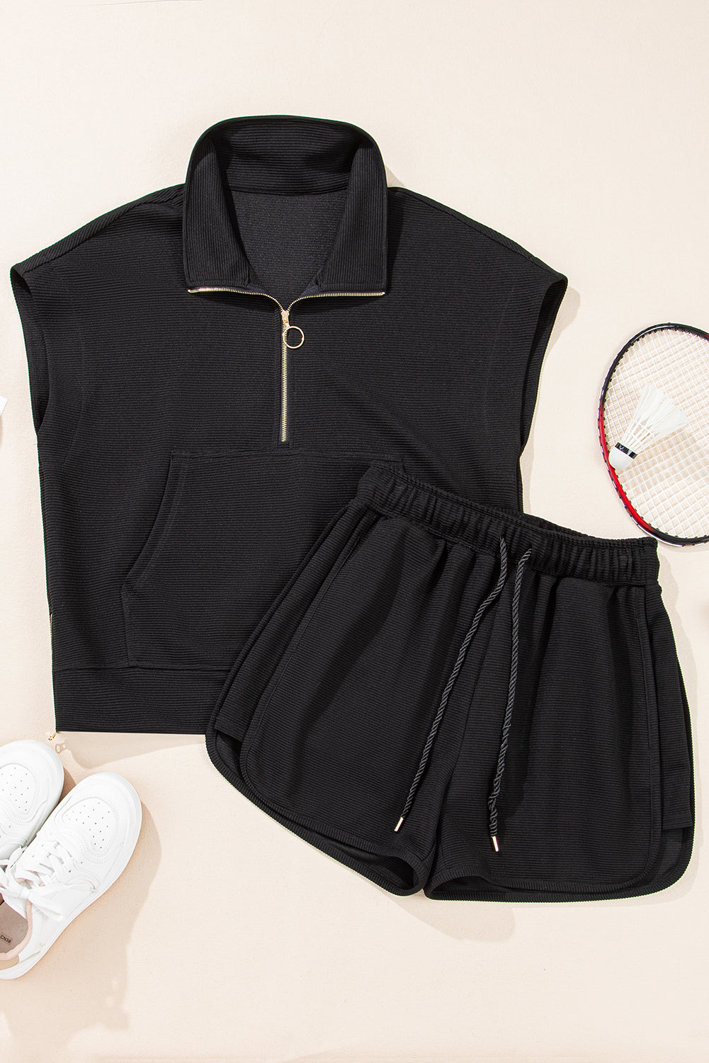 Parchment Textured Knit Two Piece Short Set – Zip Up Top & High Waist Shorts