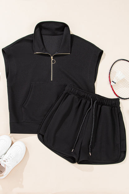 Parchment Textured Knit Two Piece Short Set – Zip Up Top & High Waist Shorts