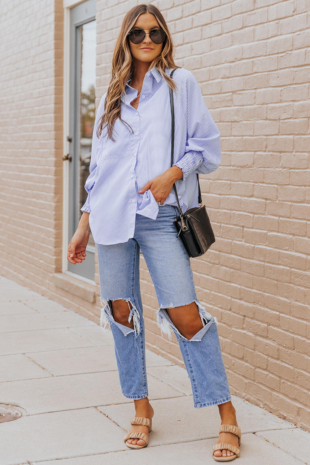 Striped Oversized Button Up Shirt – Smocked Cuff Coastal Top