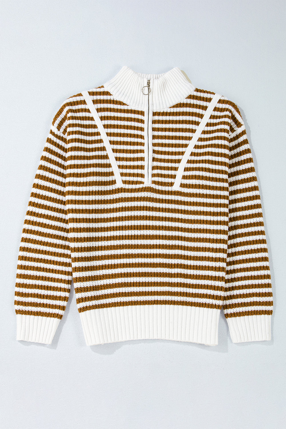 Striped Zip-Up Coastal Sweater – Khaki, Blue, & Black
