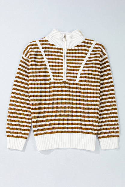 Striped Zip-Up Coastal Sweater – Khaki, Blue, & Black