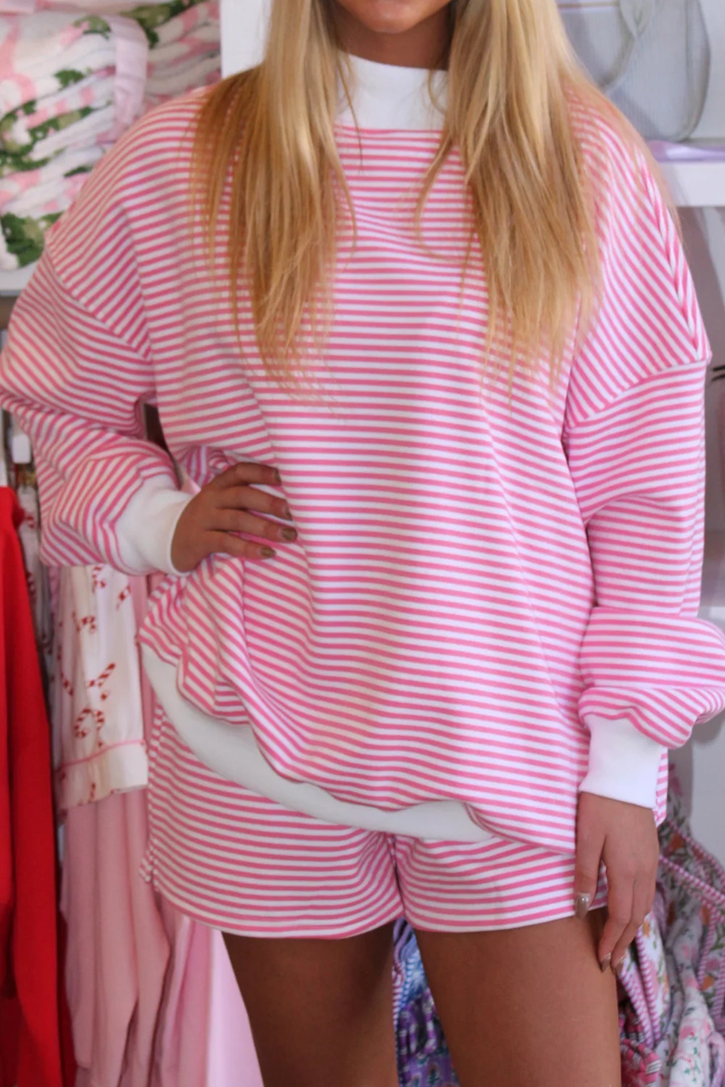Pink Stripe Colorblock Two Piece Short Set – Oversized Mock Neck Lounge Set