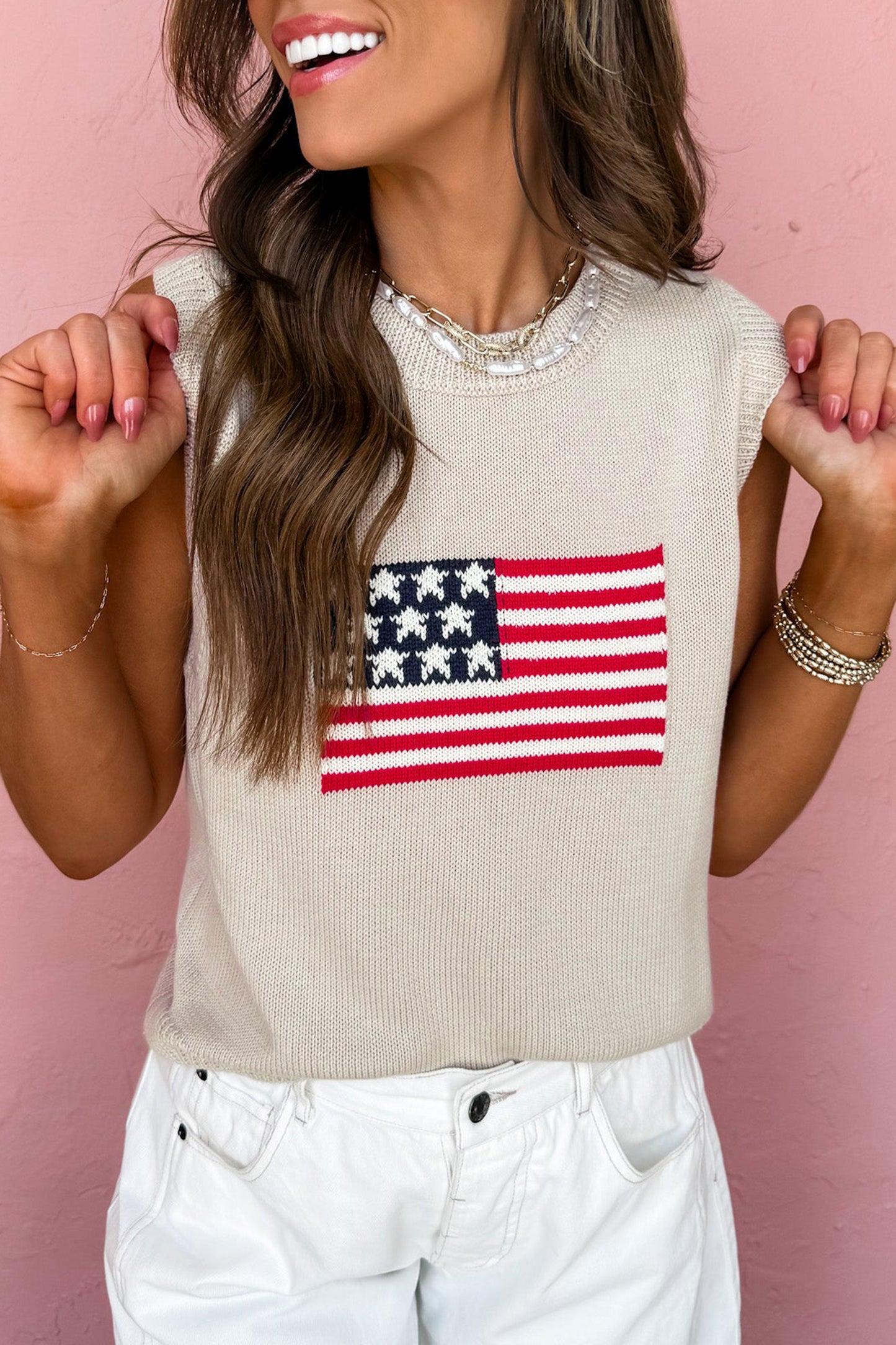 Parchment American Flag Sweater Vest – Sleeveless Lightweight Knit Top