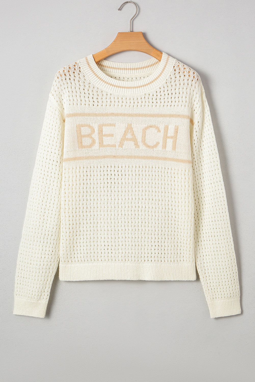 White “BEACH” Letter Cut-Out Sweater