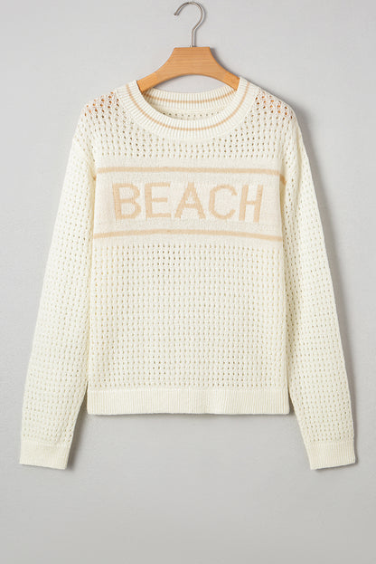 White “BEACH” Letter Cut-Out Sweater