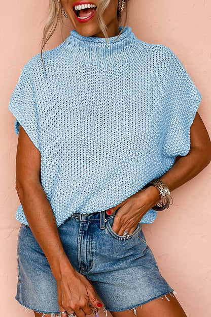 Iceland Blue High Neck Sweater Vest – Textured Batwing Knit Top