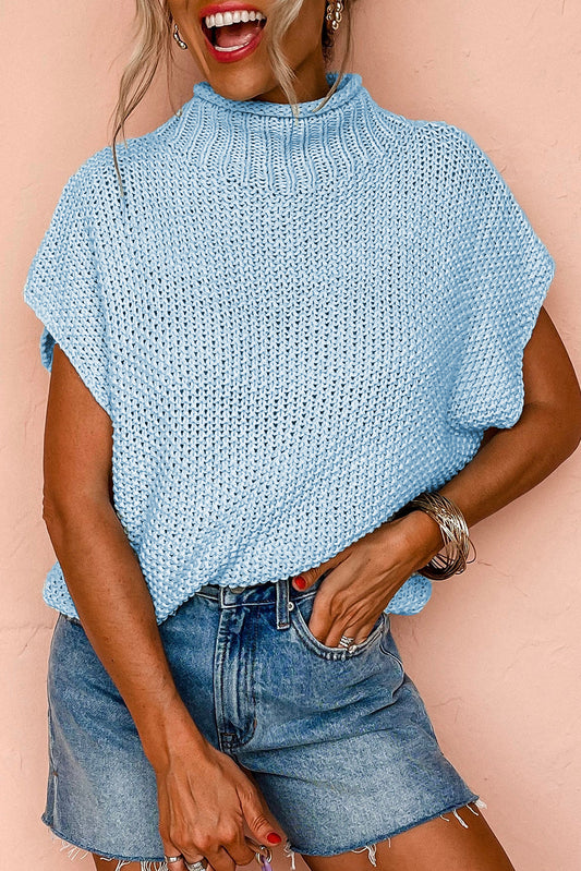 Iceland Blue High Neck Sweater Vest – Textured Batwing Knit Top