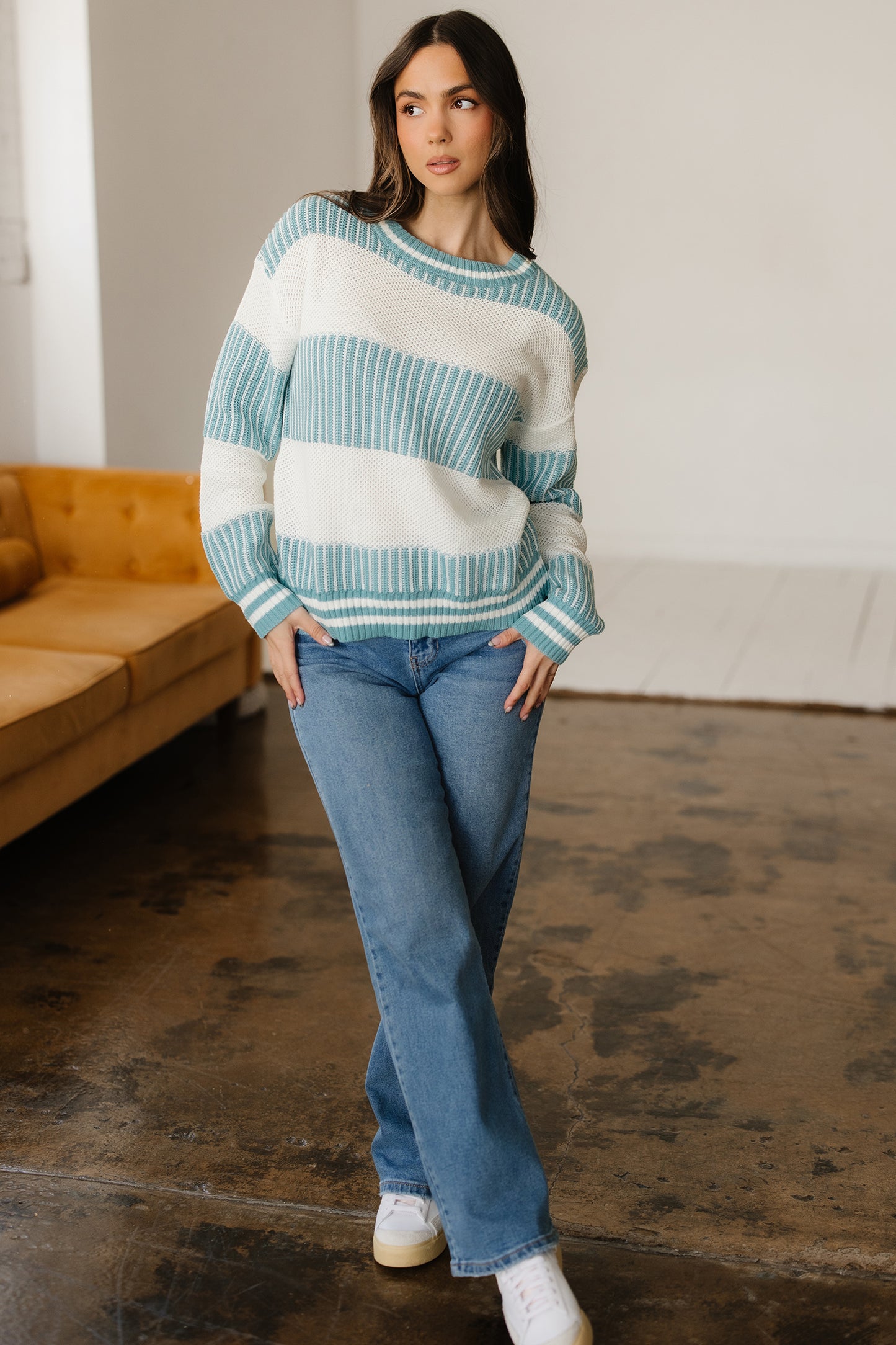 Two Tone Striped Patchwork Drop Shoulder Loose Sweater