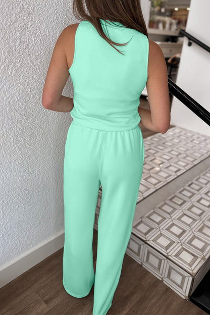 Moonlight Jade Two Piece Pant Set – Sleeveless Top and Wide Leg Pants