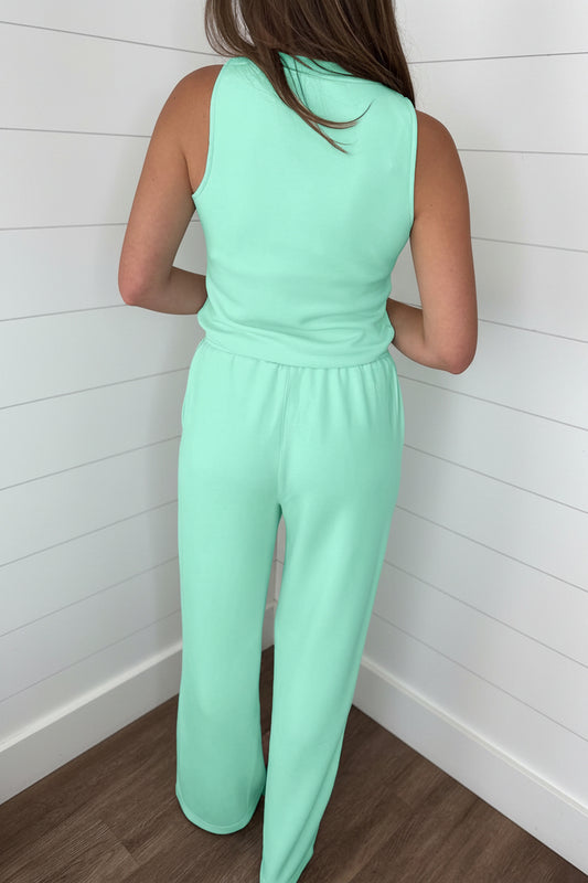 Moonlight Jade Two Piece Pant Set – Sleeveless Top and Wide Leg Pants