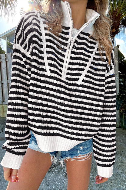 Striped Zip-Up Coastal Sweater – Khaki, Blue, & Black