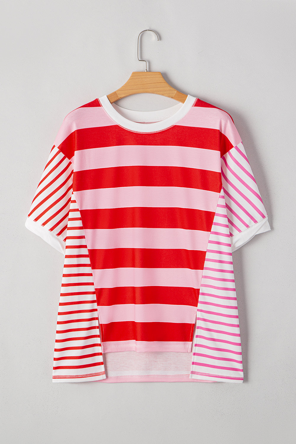 Pink Stripe Colorblock Split Hem Tee