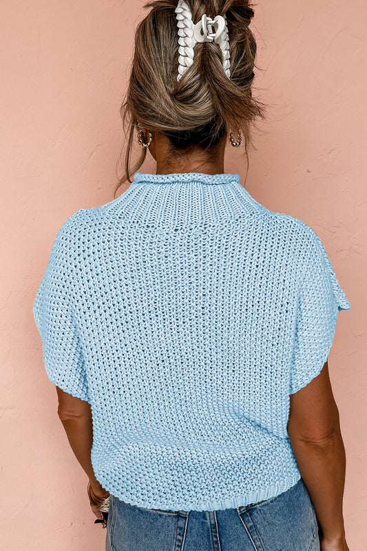 Iceland Blue High Neck Sweater Vest – Textured Batwing Knit Top